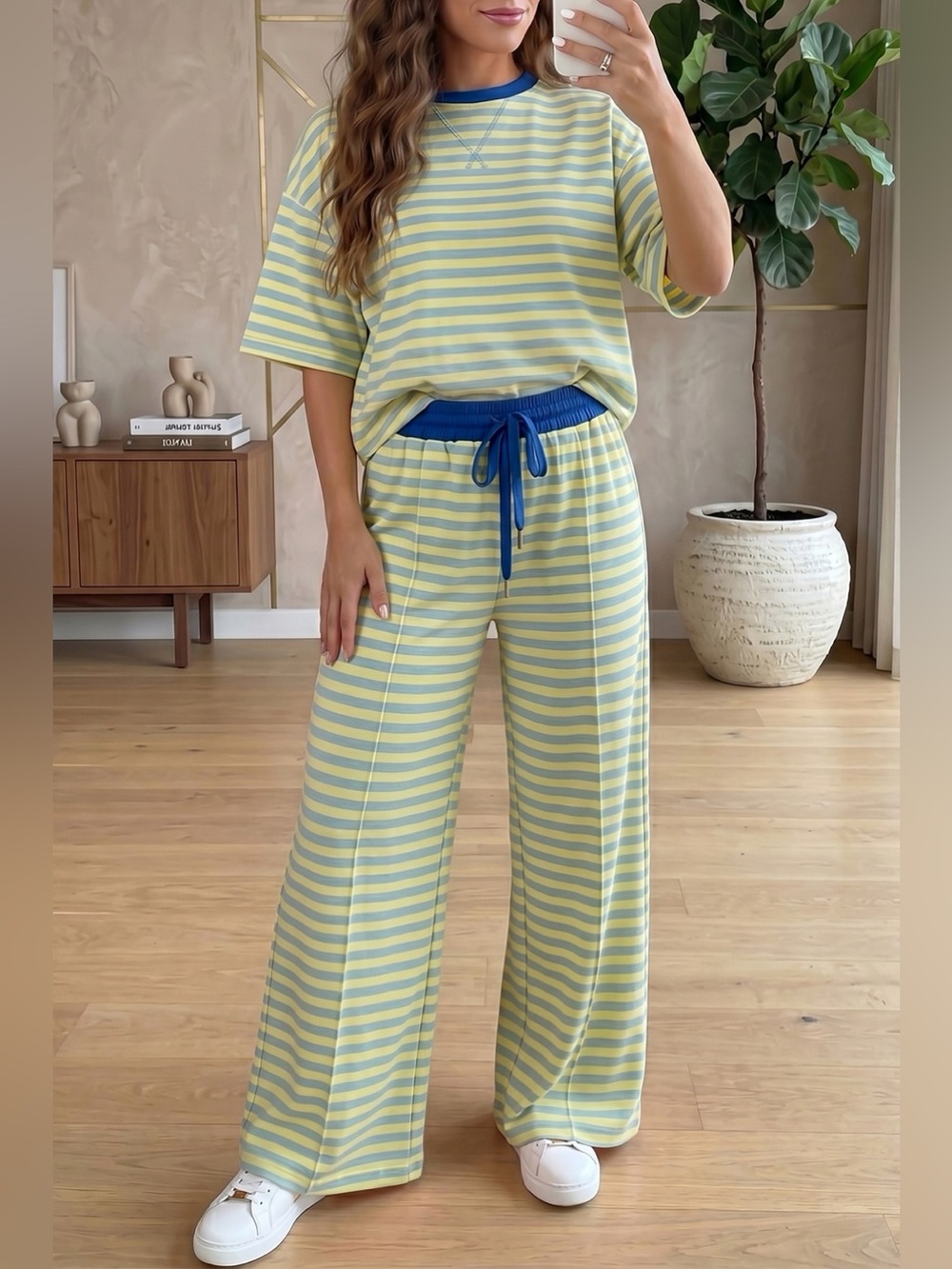 Stripe Colorblock Trim Crew Neck Loose Tee Drawstring Elastic Waist 2pcs Pant Se
